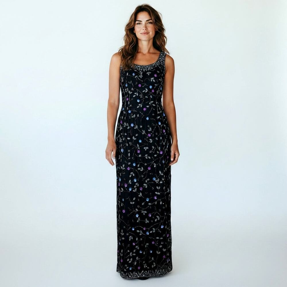 Vintage Papell Boutique Evening 100% Silk Beaded Floral Maxi Dress P8 Black